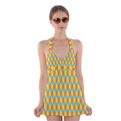 Cube Hexagon Pattern Yellow Blue Halter Dress Swimsuit  by Vaneshart