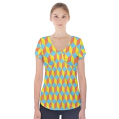 Cube Hexagon Pattern Yellow Blue Short Sleeve Front Detail Top by Vaneshart