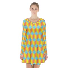 Cube Hexagon Pattern Yellow Blue Long Sleeve Velvet V-neck Dress