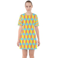 Cube Hexagon Pattern Yellow Blue Sixties Short Sleeve Mini Dress by Vaneshart