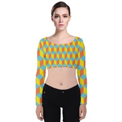 Cube Hexagon Pattern Yellow Blue Velvet Long Sleeve Crop Top by Vaneshart