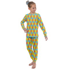 Cube Hexagon Pattern Yellow Blue Kids  Long Sleeve Set  by Vaneshart