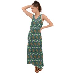 Nature Pattern Spring Green V-neck Chiffon Maxi Dress