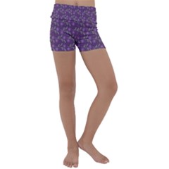 Flowers Violet Decorative Pattern Kids  Lightweight Velour Yoga Shorts by Vaneshart