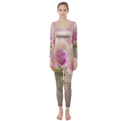 Nature Landscape Flowers Peonie Long Sleeve Catsuit by Vaneshart