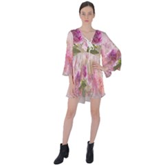 Nature Landscape Flowers Peonie V-neck Flare Sleeve Mini Dress by Vaneshart