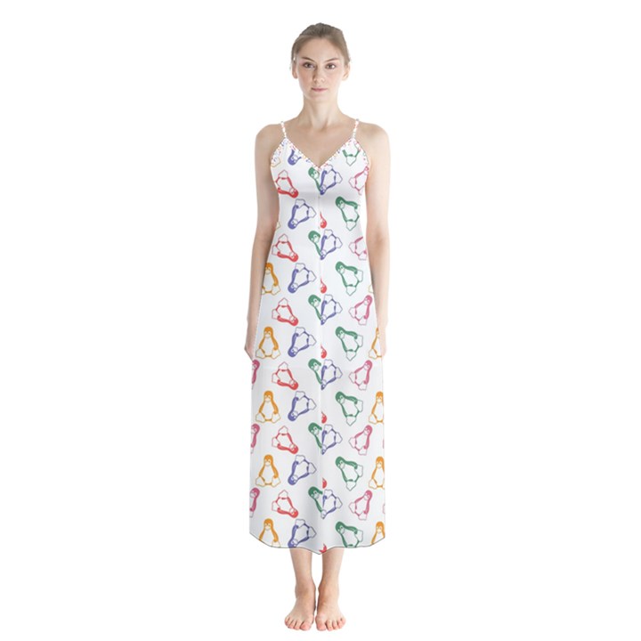 Linux Kernel Penguin Pattern Logo Button Up Chiffon Maxi Dress