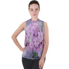 Nature Landscape Cherry Blossoms Mock Neck Chiffon Sleeveless Top