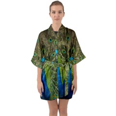 Peacock Feathers Bird Nature Half Sleeve Satin Kimono 