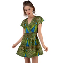 Peacock Feathers Bird Nature Flutter Sleeve Wrap Dress