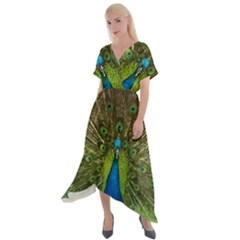 Peacock Feathers Bird Nature Cross Front Sharkbite Hem Maxi Dress