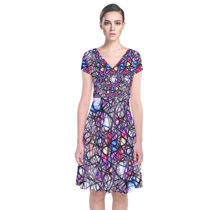 Web Network Abstract Connection Short Sleeve Front Wrap Dress