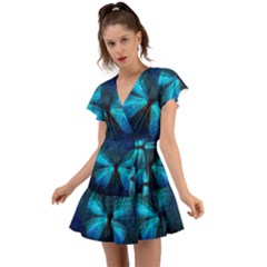 Animal Butterfly Insect Flutter Sleeve Wrap Dress