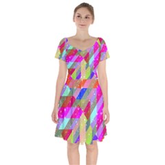 Multicolored Party Geo Design Print Short Sleeve Bardot Dress by dflcprintsclothing