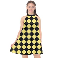 Block Fiesta - Blonde Yellow & Black Halter Neckline Chiffon Dress  by FashionBoulevard