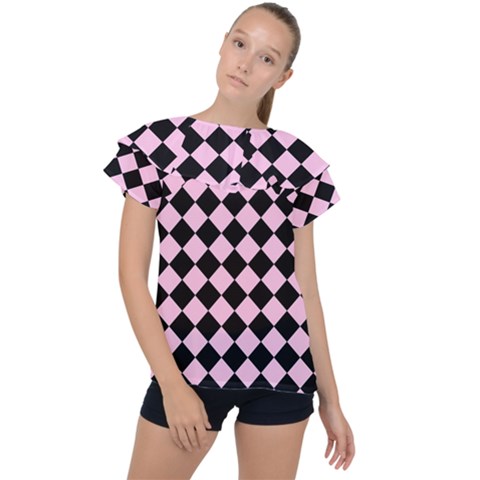 Block Fiesta - Blush Pink & Black Ruffle Collar Chiffon Blouse by FashionBoulevard