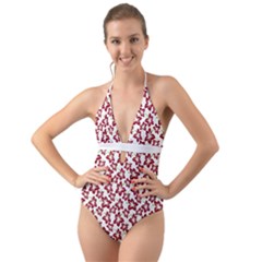 Cute Flowers - Carmine Red White Halter Cut-out One Piece Swimsuit by FashionBoulevard