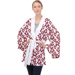 Cute Flowers - Carmine Red White Long Sleeve Velvet Kimono  by FashionBoulevard