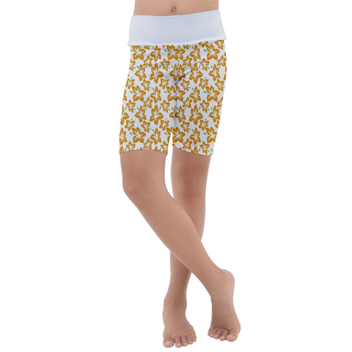 Cute Flowers - Honey Orange White Kids  Lightweight Velour Cropped Yoga Leggings