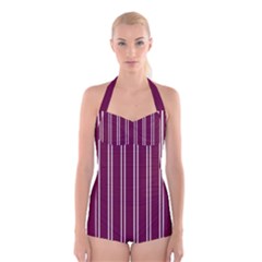 Nice Stripes - Boysenberry Purple Boyleg Halter Swimsuit  by FashionBoulevard