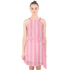 Nice Stripes - Flamingo Pink Halter Collar Waist Tie Chiffon Dress by FashionBoulevard