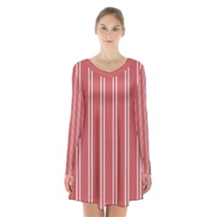 Nice Stripes - Indian Red Long Sleeve Velvet V-neck Dress by FashionBoulevard