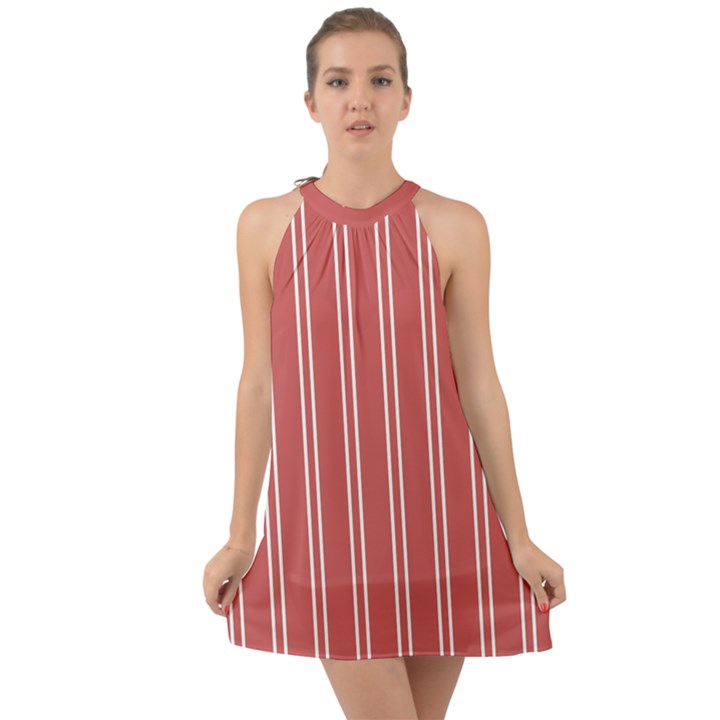 Nice Stripes - Indian Red Halter Tie Back Chiffon Dress