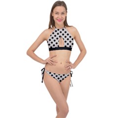 Polka Dots - Black On Abalone Grey Cross Front Halter Bikini Set by FashionBoulevard