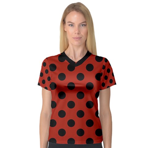 Polka Dots - Black On Apple Red V-neck Sport Mesh Tee by FashionBoulevard