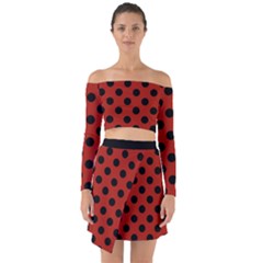 Polka Dots - Black On Apple Red Off Shoulder Top With Skirt Set by FashionBoulevard