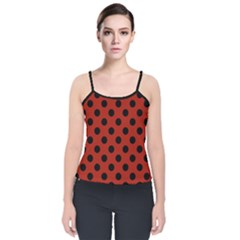 Polka Dots - Black On Apple Red Velvet Spaghetti Strap Top by FashionBoulevard