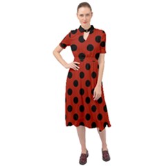 Polka Dots - Black On Apple Red Keyhole Neckline Chiffon Dress by FashionBoulevard