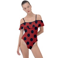 Polka Dots - Black On Apple Red Frill Detail One Piece Swimsuit by FashionBoulevard