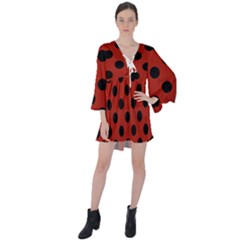 Polka Dots - Black On Apple Red V-neck Flare Sleeve Mini Dress by FashionBoulevard