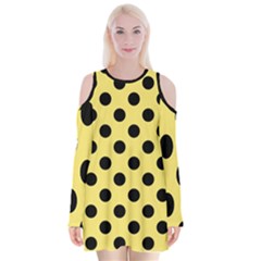 Polka Dots - Black On Blonde Yellow Velvet Long Sleeve Shoulder Cutout Dress by FashionBoulevard