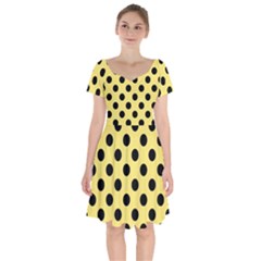 Polka Dots - Black On Blonde Yellow Short Sleeve Bardot Dress by FashionBoulevard