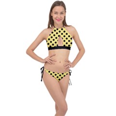 Polka Dots - Black On Blonde Yellow Cross Front Halter Bikini Set by FashionBoulevard