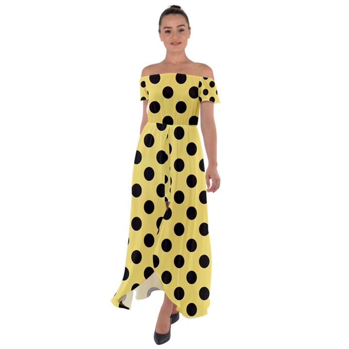 Polka Dots - Black On Blonde Yellow Off Shoulder Open Front Chiffon Dress