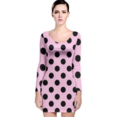 Polka Dots - Black On Blush Pink Long Sleeve Velvet Bodycon Dress by FashionBoulevard