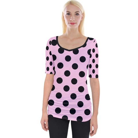 Polka Dots - Black On Blush Pink Wide Neckline Tee by FashionBoulevard