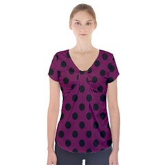 Polka Dots - Black On Boysenberry Purple Short Sleeve Front Detail Top by FashionBoulevard