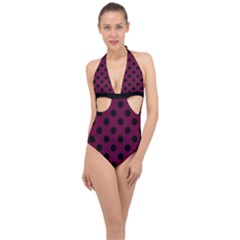 Polka Dots - Black On Boysenberry Purple Halter Front Plunge Swimsuit by FashionBoulevard