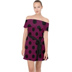 Polka Dots - Black On Boysenberry Purple Off Shoulder Chiffon Dress by FashionBoulevard