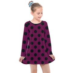 Polka Dots - Black On Boysenberry Purple Kids  Long Sleeve Dress by FashionBoulevard