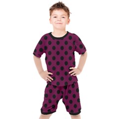 Polka Dots - Black On Boysenberry Purple Kids  Tee And Shorts Set by FashionBoulevard