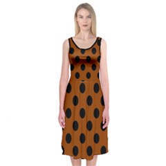 Polka Dots - Black On Burnt Orange Midi Sleeveless Dress by FashionBoulevard
