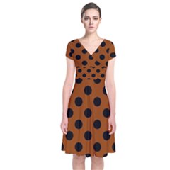 Polka Dots - Black On Burnt Orange Short Sleeve Front Wrap Dress by FashionBoulevard