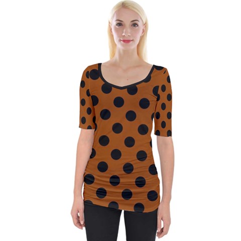 Polka Dots - Black On Burnt Orange Wide Neckline Tee by FashionBoulevard