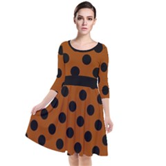 Polka Dots - Black On Burnt Orange Quarter Sleeve Waist Band Dress by FashionBoulevard