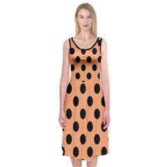 Polka Dots - Black On Cantaloupe Orange Midi Sleeveless Dress by FashionBoulevard